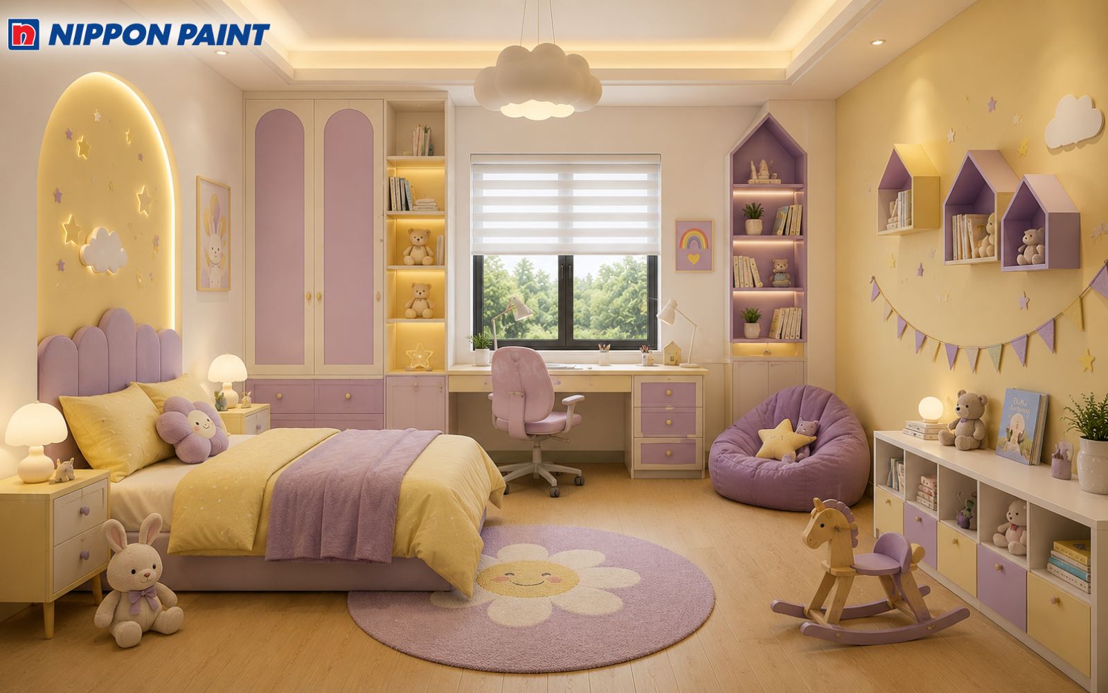Phòng trẻ em phối màu vàng và tím pastel ngọt ngào