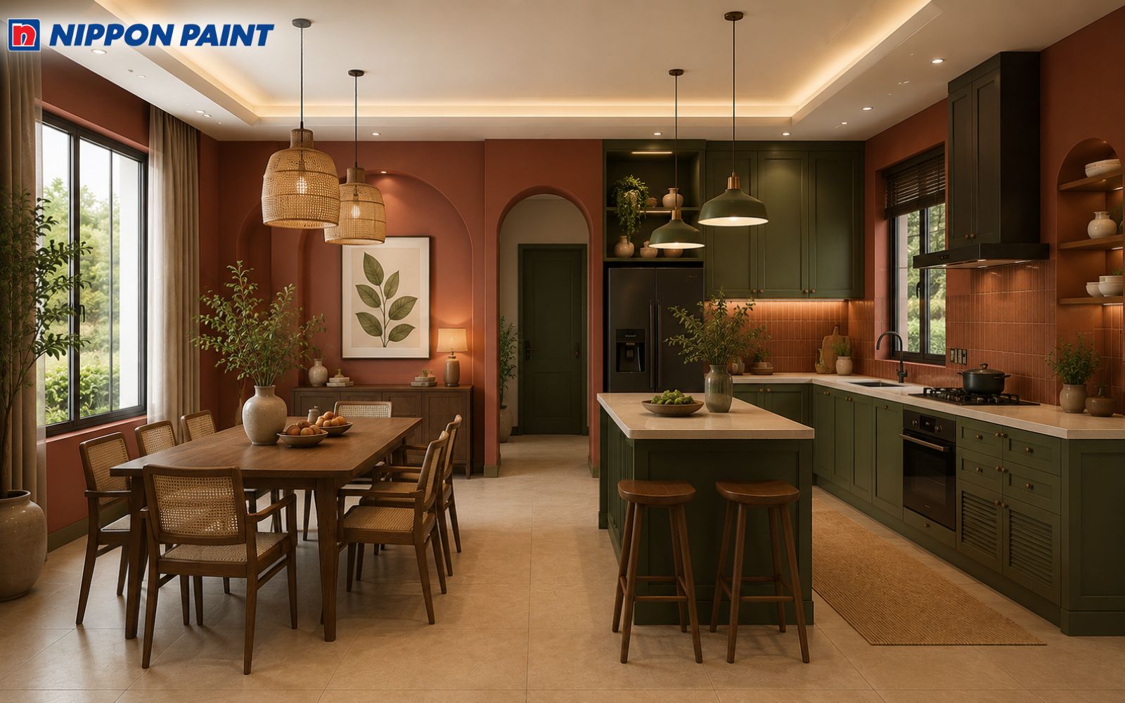 Phòng bếp phối màu đỏ gạch và xanh olive nổi bật