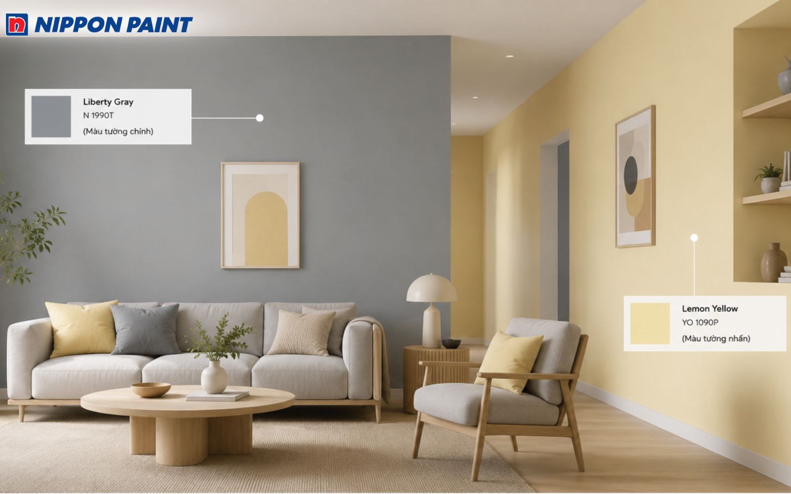 Phối màu sơn Liberty Gray và Lemon Yellow tạo điểm nhấn nhẹ nhàng