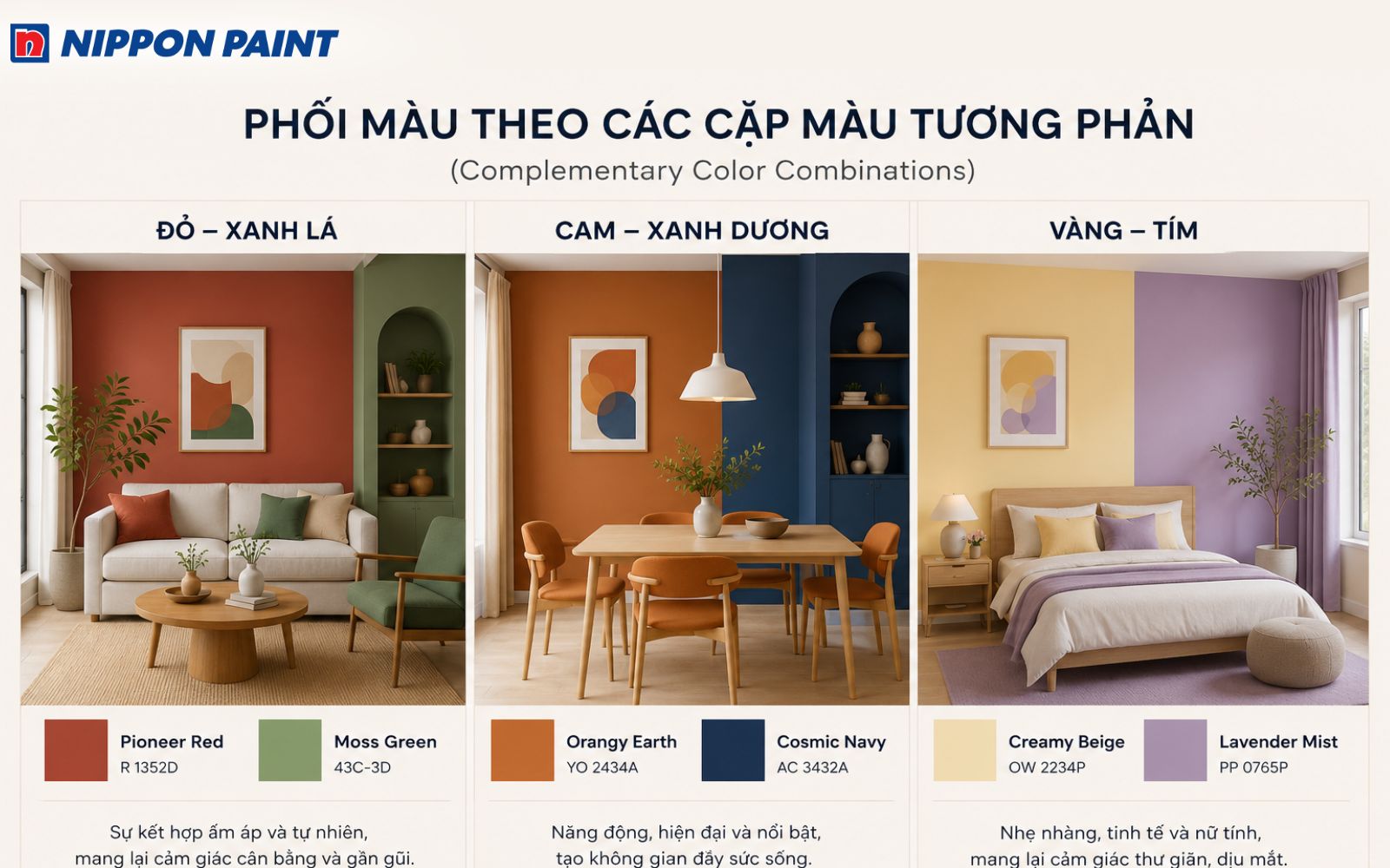 Phối màu theo các cặp màu tương phản đỏ xanh lá, cam xanh dương và vàng tím