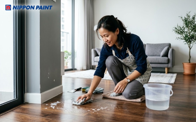 Sử dụng nước nóng để tẩy sơn tường để hạn chế hư hại cho sàn gỗ