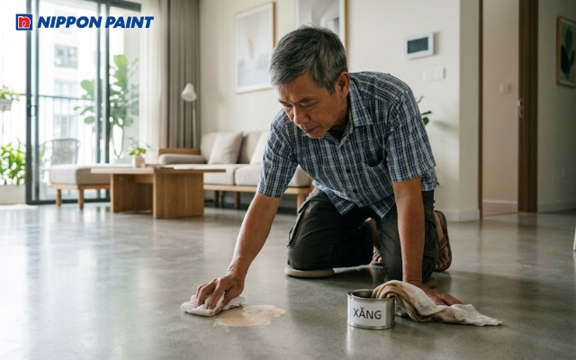 Khi tiếp xúc trực tiếp với xăng, lớp sơn tường có thể mềm ra, nhờ đó việc làm sạch vết bẩn trở nên nhanh chóng và nhẹ nhàng hơn. Bạn chỉ cần dùng một chiếc khăn mềm sạch, thấm một lượng xăng vừa đủ rồi chà lên khu vực bị dính sơn. Do xăng có mùi hăng khá khó chịu, sau khi làm sạch, hãy lau lại các bề mặt như sàn nhà hoặc vật dụng bằng dung dịch xà phòng hoặc nước lau có hương thơm. Bước này giúp khử mùi hiệu quả, trả lại không gian sạch sẽ và dễ chịu hơn