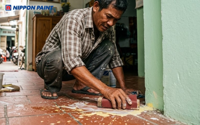 Dùng giấy nhám chà nhẹ giúp loại bỏ vết sơn cứng đầu trên nền nhà nhanh chóng