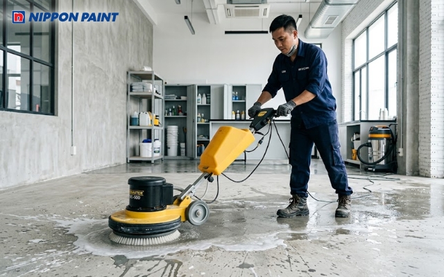 Tẩy sơn tường trên nền nhà bằng máy chà sàn nhanh chóng và hiệu quả