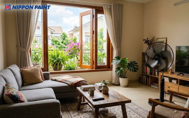 Mở cửa kết hợp quạt thông gió giúp khử mùi sơn nhà mới nhanh và hiệu quả