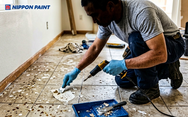 Tẩy sơn tường trên nền nhà bằng xử lý nhiệt đơn giản, giúp làm mềm sơn và vệ sinh nhanh chóng