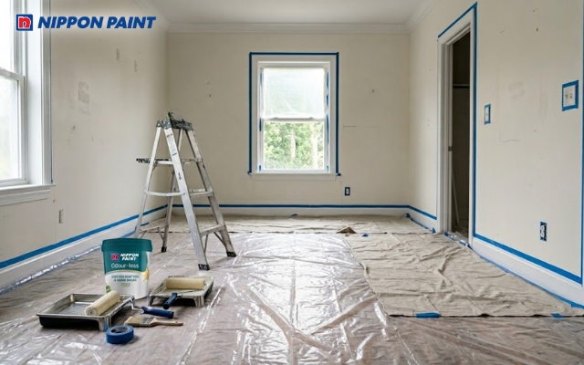 Cần che phủ nền nhà trước khi thực hiện sơn để hạn chế việc tẩy sơn bị dính