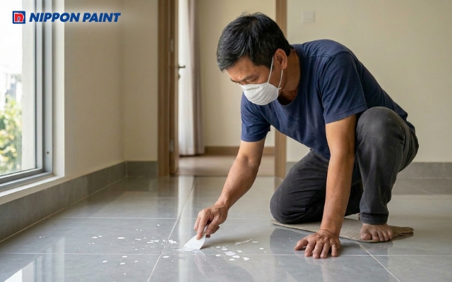Tẩy sơn tường trên nền nhà bằng cách chùi cạo đơn giản, dễ thực hiện