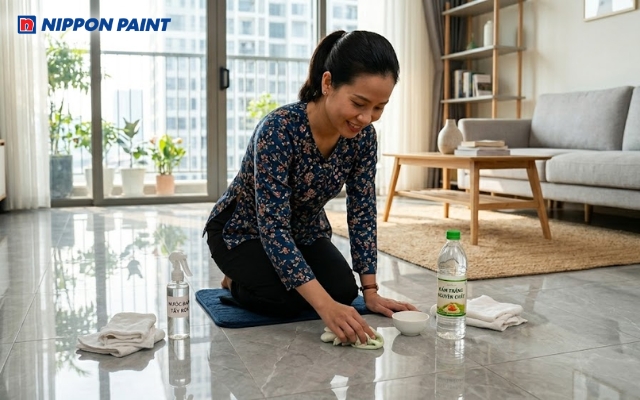 Giấm là nguyên liệu quen thuộc trong gian bếp, dễ tìm và chi phí thấp nhưng vẫn có khả năng hỗ trợ làm sạch vết sơn bám trên nền nhà. Khi pha giấm với nước ấm và thấm vào khăn để lau, dung dịch này giúp làm mềm lớp sơn, từ đó việc vệ sinh trở nên nhẹ nhàng hơn . Cách này phù hợp với các vết sơn bám lâu ngày hoặc đã khô, tuy nhiên cần thao tác nhẹ và lau lại bằng nước sạch sau khi xử lý để tránh mùi giấm còn lưu lại trên bề mặt