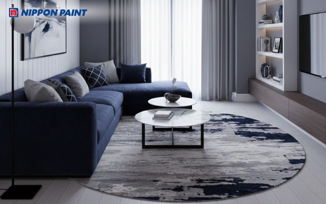 Màu xanh navy tạo điểm nhấn sang trọng cho không gian màu ghi xám và trắng