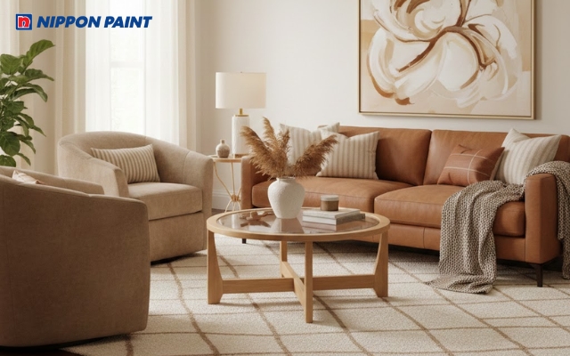 Sắc kem - be nâu - caramel ấm tạo chiều sâu cho không gian