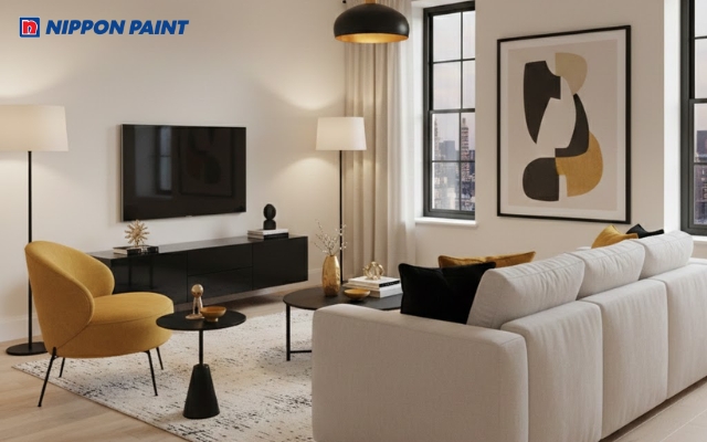 Màu kem - đen - vàng mustard tạo điểm nhấn sinh động cho căn phòng