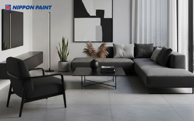 Phối màu sơn nội thất đẹp màu ghi sáng - xám - đen giúp không gian tối giản và hiện đại