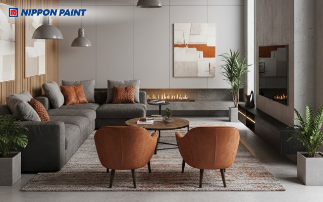 Gam trung tính như ghi, xám kết hợp điểm nhấn nâu cam