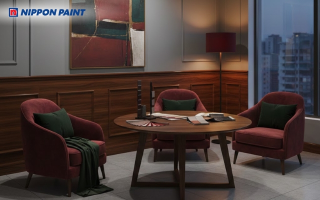 Phối màu đa dạng như ghi xám, gỗ đậm, đỏ đô tạo không gian ấn tượng