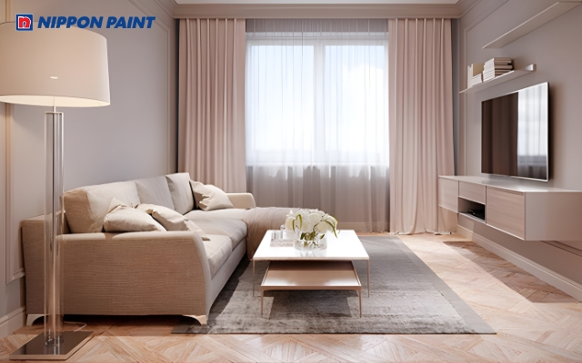 Màu Gray Beige kết hợp sofa và tủ tivi cùng tông, mang lại vẻ sang trọng, hiện đại cho phòng khách