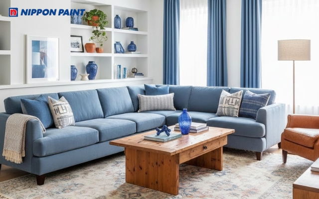 Sự cân bằng giữa màu trắng - xanh dương - nâu cam giúp không gian hài hòa và cân bằng