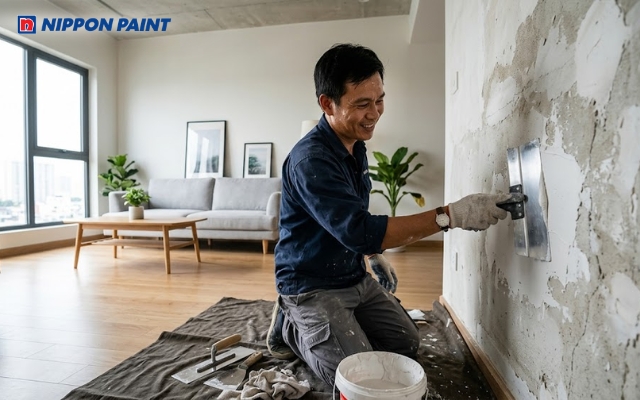 Trét bả tường giúp che lấp những khuyết điểm gồ ghề của bề mặt cũ