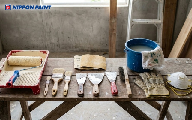 Chuẩn bị đầy đủ dụng cụ trước khi sơn tường nhà cũ
