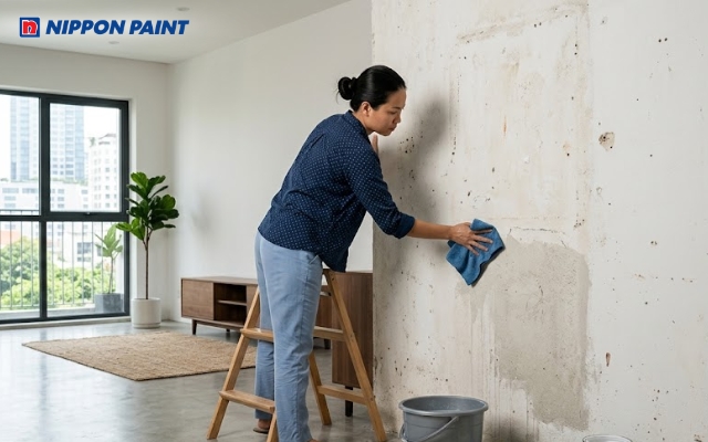 Vệ sinh sạch bề mặt tường giúp quá trình thi công sơn tường cũ diễn ra thuận lợi hơn