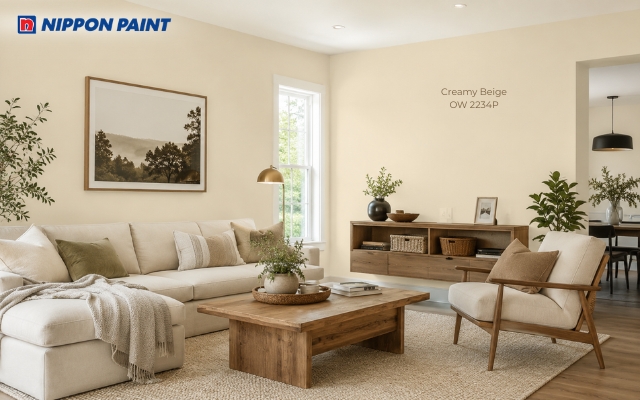 Phòng sinh hoạt chung với tone màu be (Creamy Beige - OW 2234P) ấm cúng