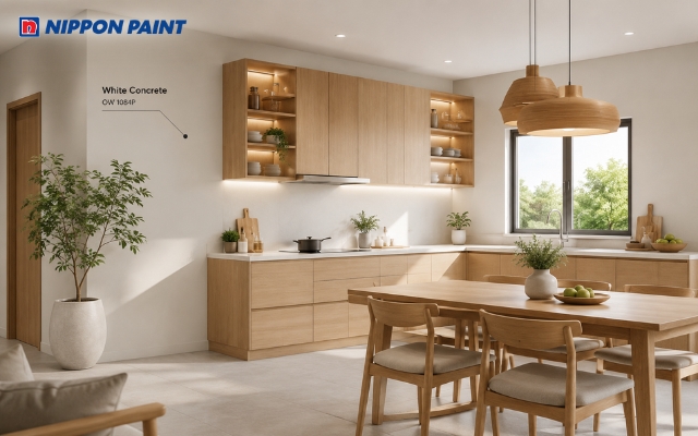 Sự hiện đại của căn bếp trắng ghi (White Concrete - OW 1084P) cùng dàn tủ gỗ sồi