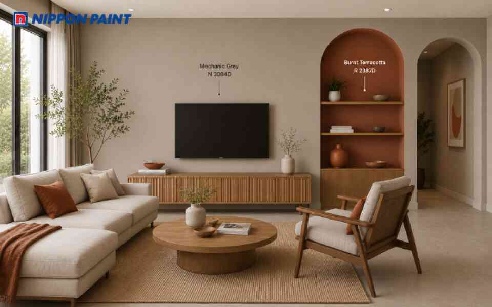 Phòng khách với tone màu greige - terracotta kết hợp với nội thất gỗ