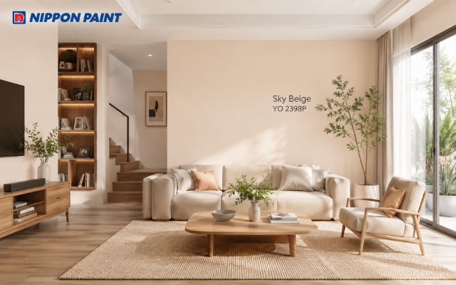 Sự kết hợp hài hòa giữa nội thất gỗ cùng tổng thể trắng be (Sky Beige - YO 2398P)