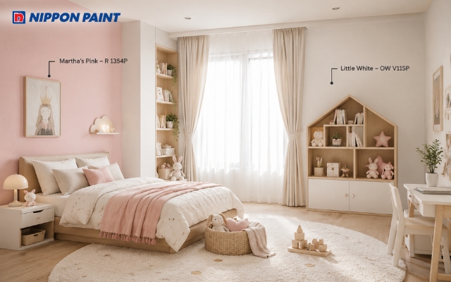 Phòng riêng cho bé gái với hồng đất (Martha's Pink - R 1354P) và trắng (Little White - OW V115P)