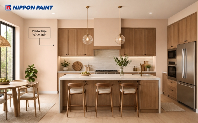 Căn bếp ấm cúng với gam màu be (Peachy Beige - YO 2410P) cùng nội thất gỗ
