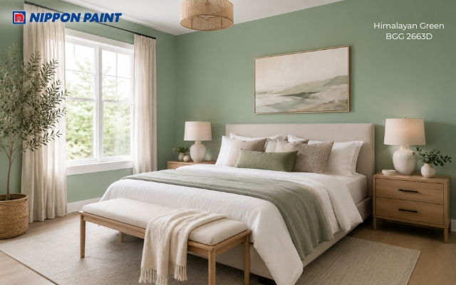 Sử dụng gam màu xanh (Himalayan Green - BGG 2663D) giúp phòng ngủ dịu nhẹ và thoải mái