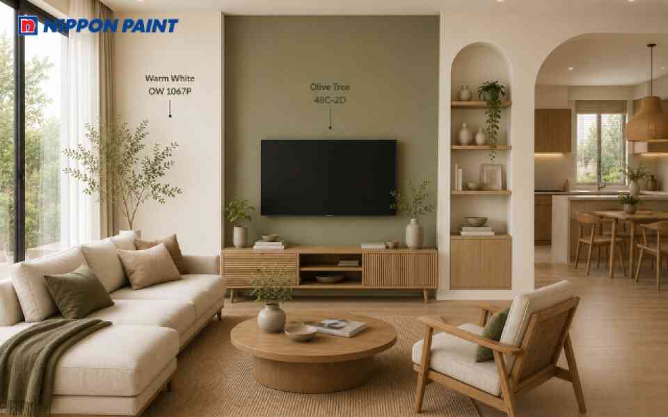 Phòng khách với tone màu trắng ngà - xanh olive kết hợp với nội thất gỗ