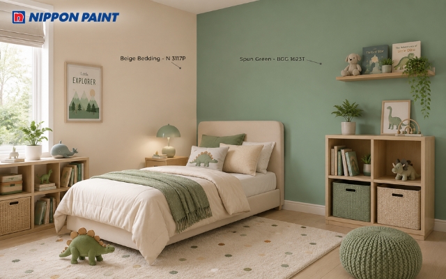 Phòng ngủ cho bé với hai màu be (Beige Bedding - N 3117P) và xanh (Spun Green - BGG 1623T)