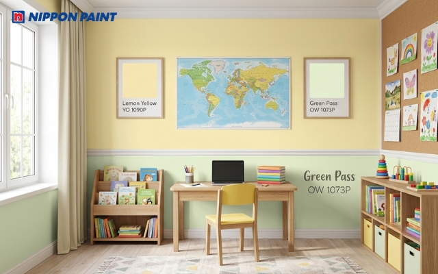 Vàng nhạt - xanh lá là những gam màu sắc phù hợp với không gian của bé