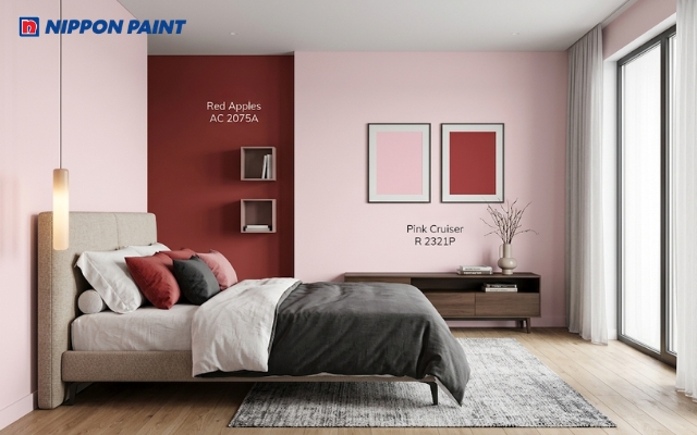 Không gian ngủ ngọt ngào với tone màu hồng pastel kết hợp đỏ nâu