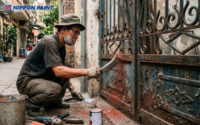 Làm sạch cửa sắt, loại bỏ sơn cũ và gỉ sét trước khi sơn để lớp sơn mới bám chắc, bền đẹp