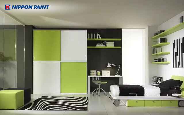 Phòng ngủ sáng tạo phối màu đen, xám và xanh neon nổi bật, cá tính