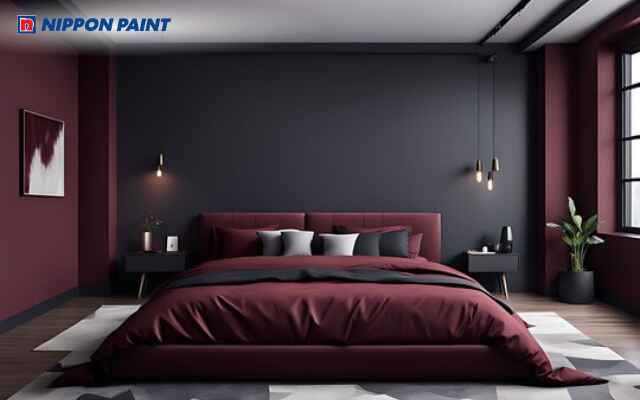 Phòng khách phối màu kem, đen và đỏ đô sang trọng, tinh tế