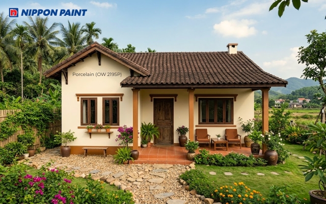 Mặt tiền nhà cấp 4 đẹp tại nông thôn với tường Porcelain (OW 2195P) nổi bật