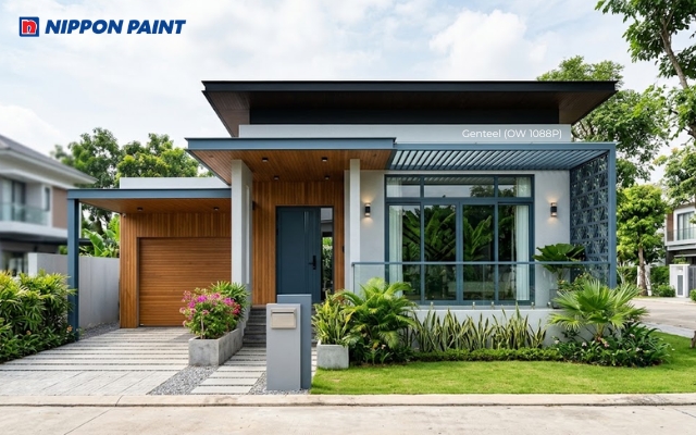 Tường Genteel (OW 1088P) làm nền cho các chi tiết gỗ và kính đầy cuốn hút