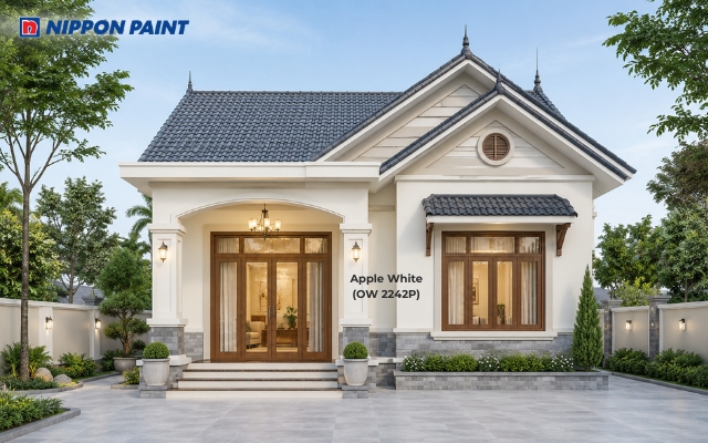 Tường Apple White (OW 2242P) nổi bật cùng mái xanh ghi và chân tường ốp đá xám