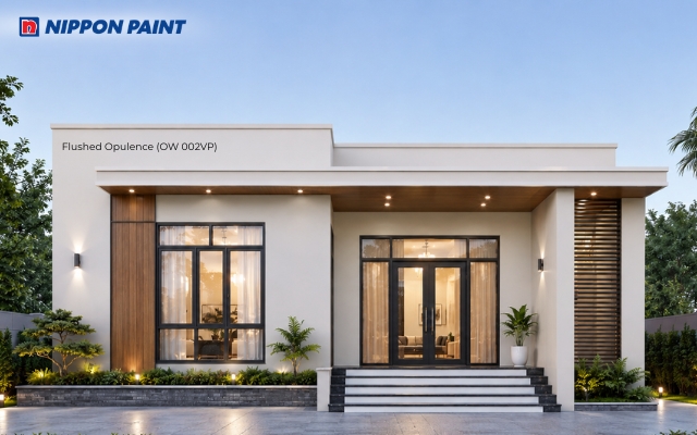 Flushed Opulence (OW 002VP) kết hợp mảng ốp gỗ nâu và cửa kính khung đen