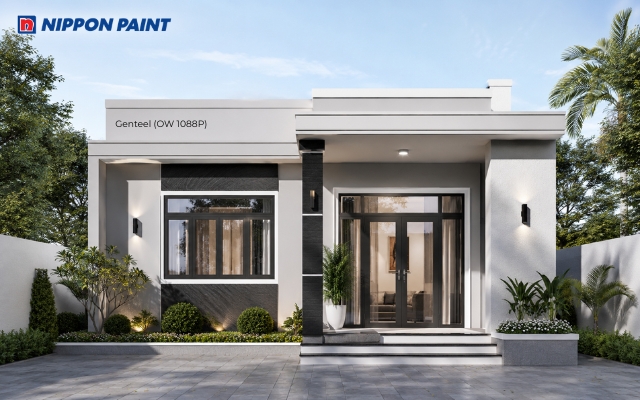 Tường Genteel (OW 1088P) phối cột xám than và cửa kính hiện đại