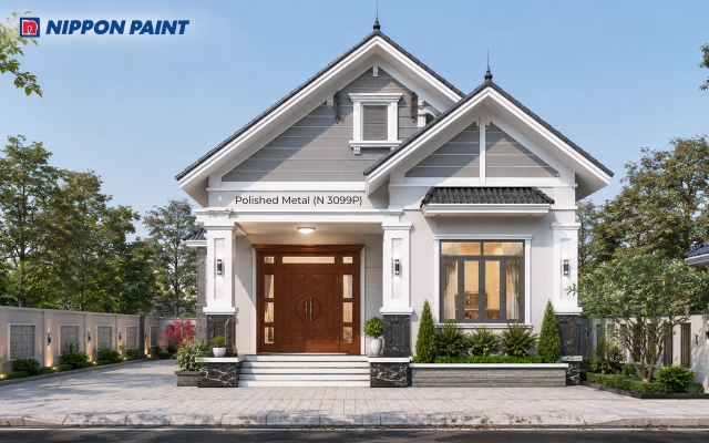 Tường Polished Metal (N 3099P), mái Thái ghi đậm có viền trắng cùng cửa gỗ nổi bật