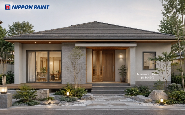 Nhà kiểu Nhật với tường Mammoth Gray (N 3049P) và sân trước tối giản