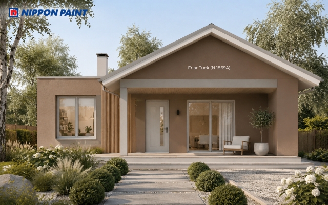 Nhà cấp 4 tường Friar Tuck (N 1869A), lam gỗ trang trí và hiên rộng hiện đại