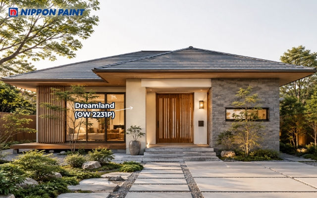 Mặt tiền nổi bật với tường Dreamland (OW 2231P), đá xám và lam gỗ tinh tế