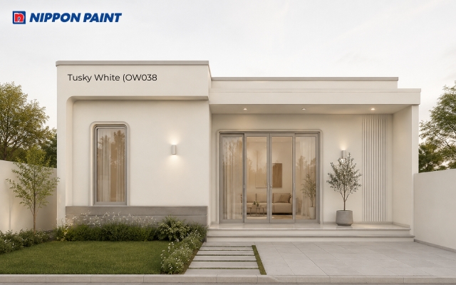 Mảng tường Tusky White (OW038) liền khối nổi bật cùng cửa kính trượt ở trung tâm