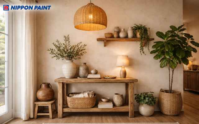 Đồ mây tre đan thủ công trở nên nổi bật hơn trên nền sơn be cát, tôn vinh giá trị truyền thống