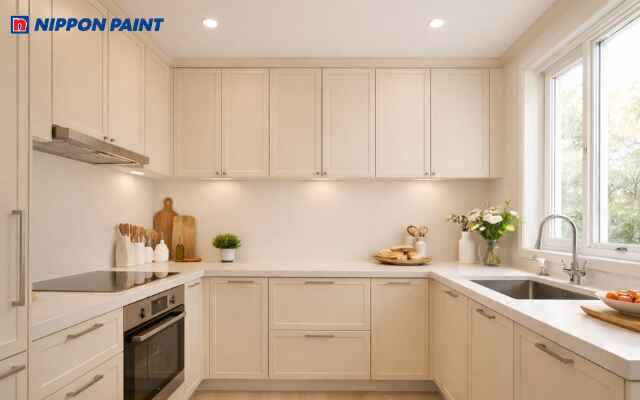 Tủ bếp màu be sữa phối cùng tường sơn trắng mang lại vẻ đẹp thanh sạch, hiện đại